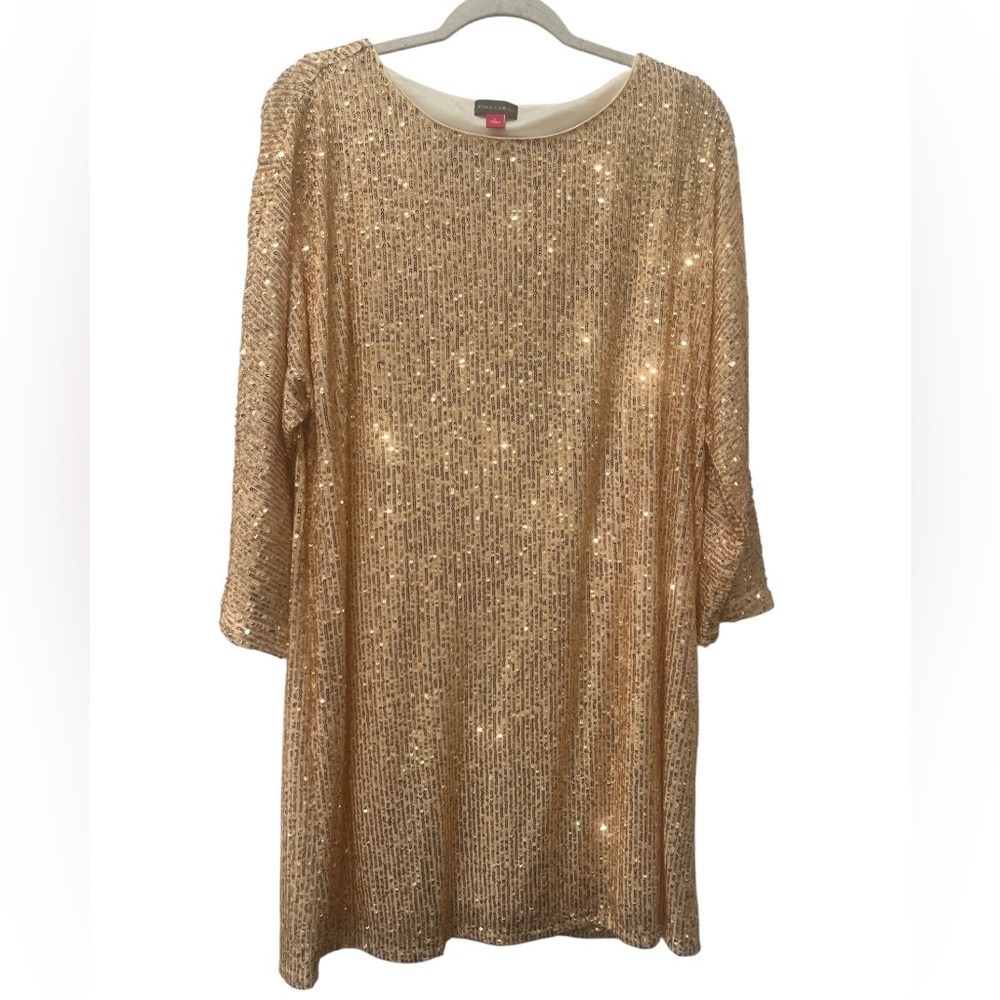 Vince Camuto All Over Sequin Gold Shift Dress Stretch Size Large